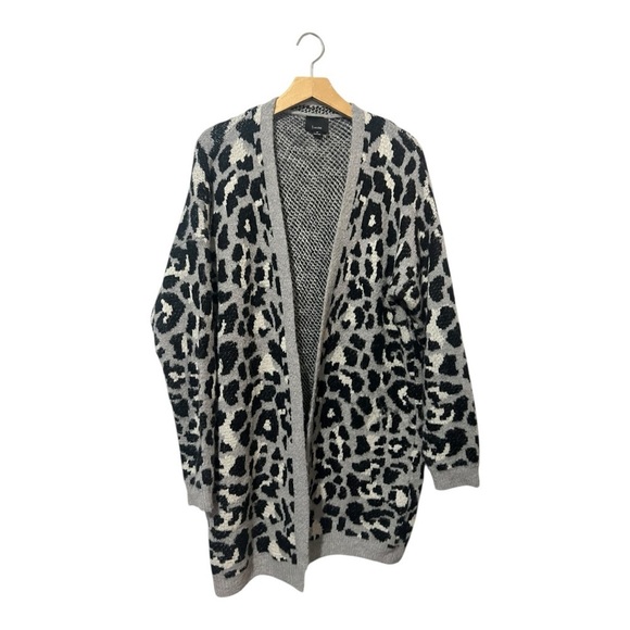Lumiere Cardigan Women's Medium Sweater Leopard Animal Open Front Black Grey - Picture 2 of 7